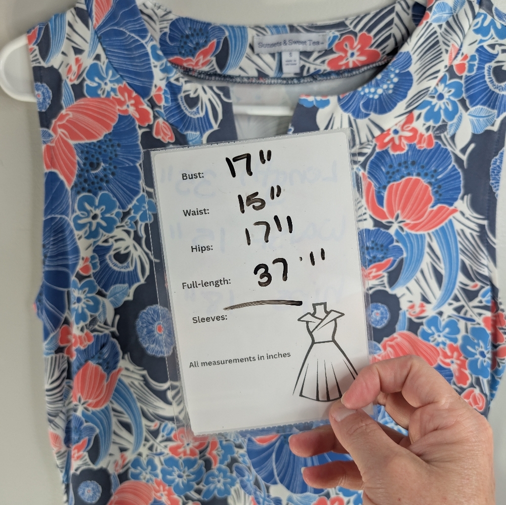 Sunset & Sweet Tea Floral Sleeveless Dress - Blue and Red Size Small - Picture 4 of 9